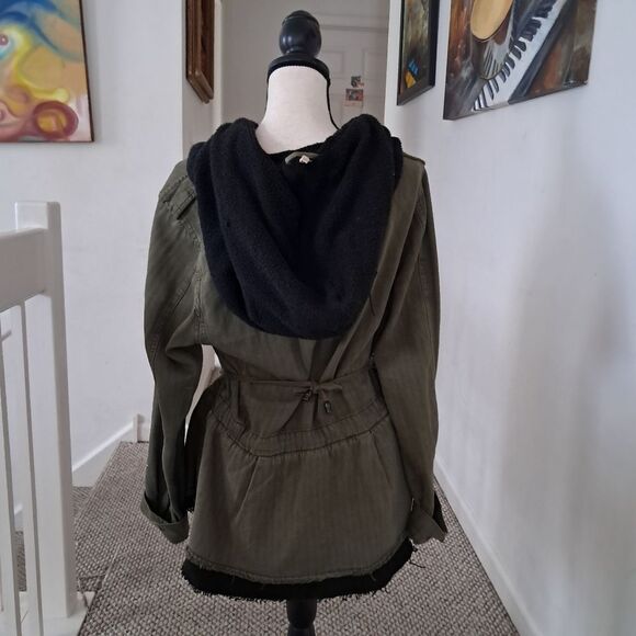 Free People Drawcord Waist Slouchy Jacket Med Olive Green Fleece Interior Hood - Picture 6 of 10